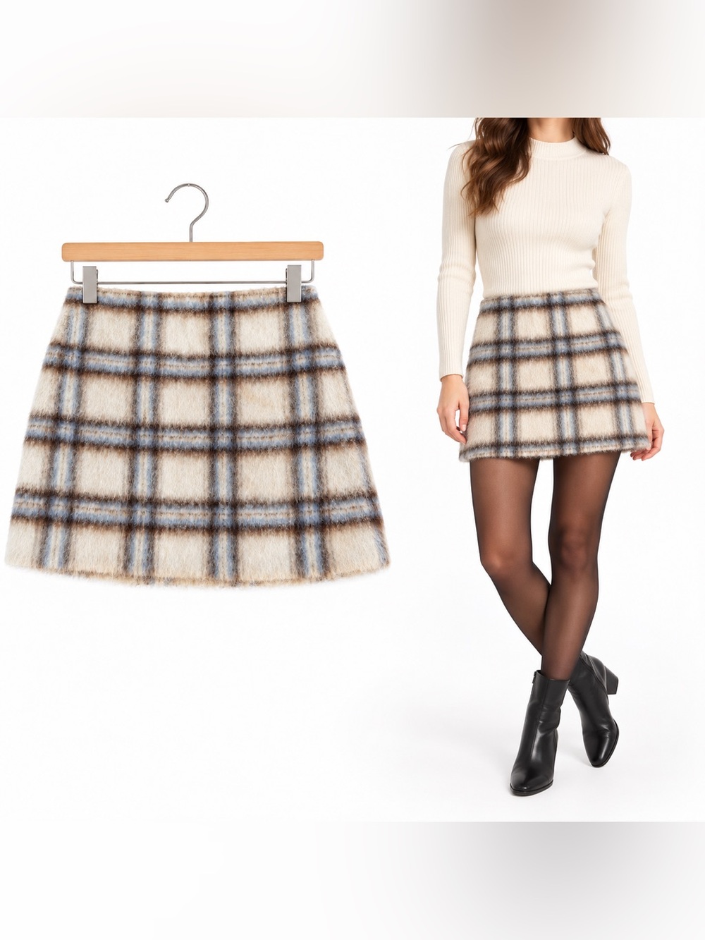NWT LOFT Fuzzy Plaid A-Line Mini Skirt Blue Brown Cream 10